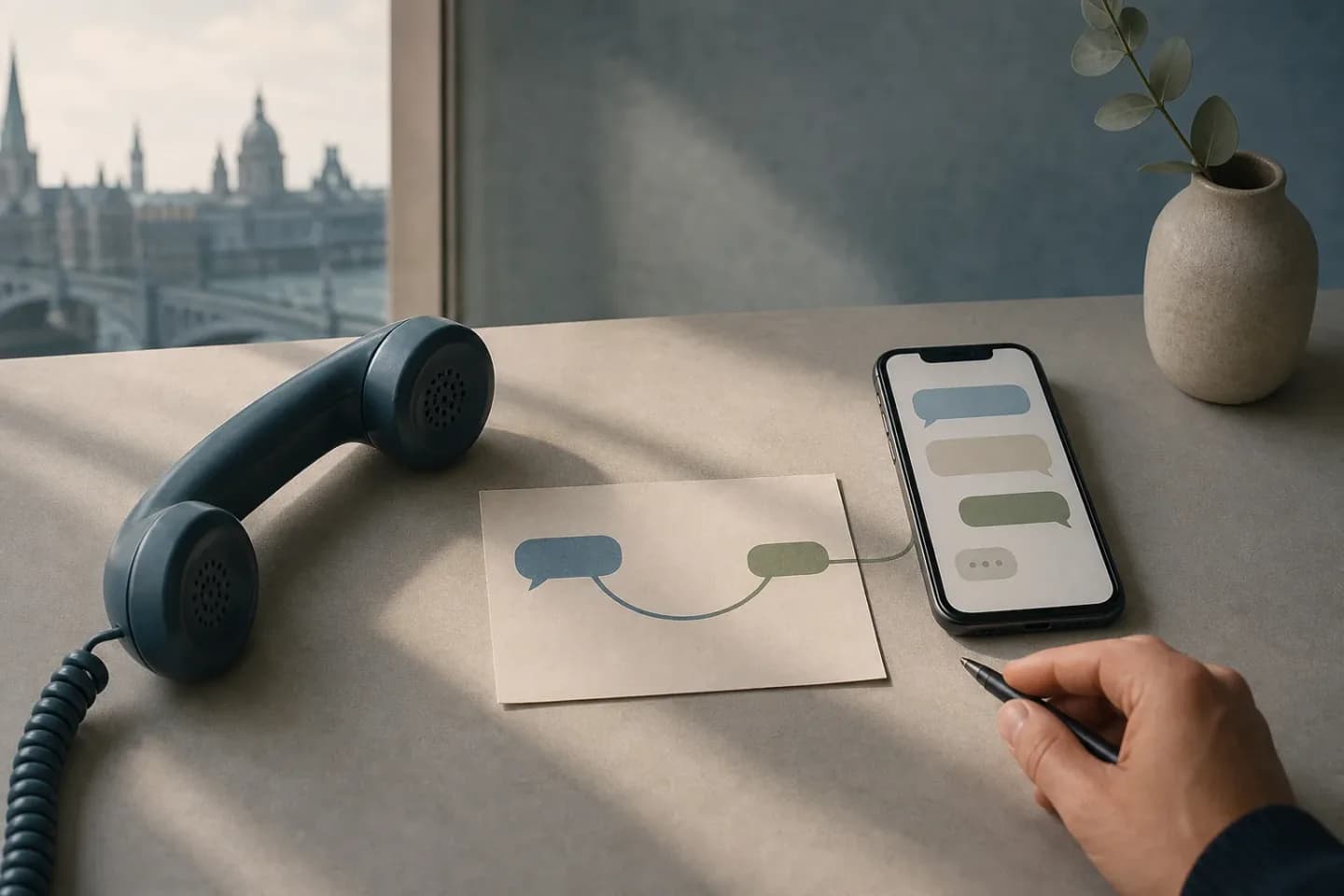An illustrative phone and smartphone connected by a handover note, representing a customer enquiry passed from automation to a person.